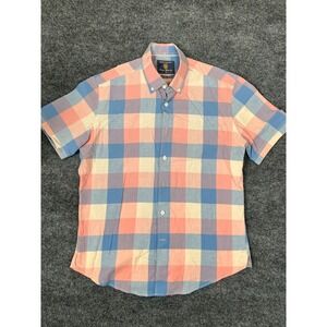 Brook Taverner Mens  Pink Blue Cream Plaid Button down shirt Linen&Cotton Size M